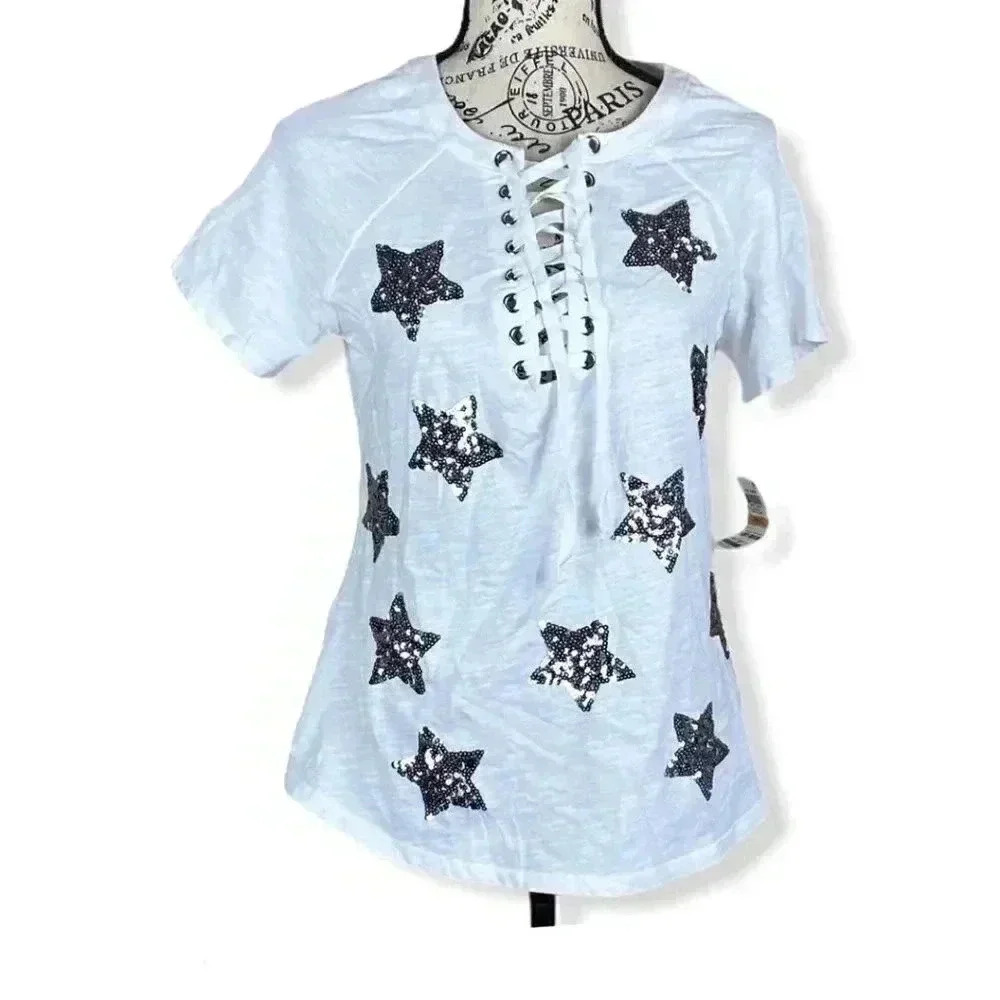 INC White Printed Short Sleeve tee
